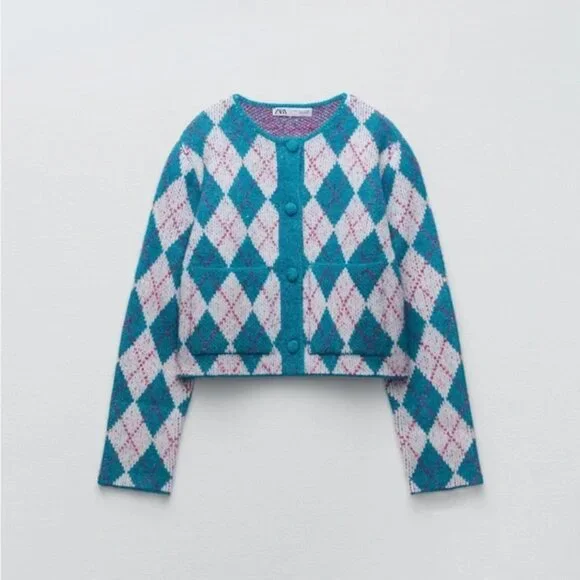 Zara Argyle Knit Jacquard Cardigan M - Picture 4 of 6